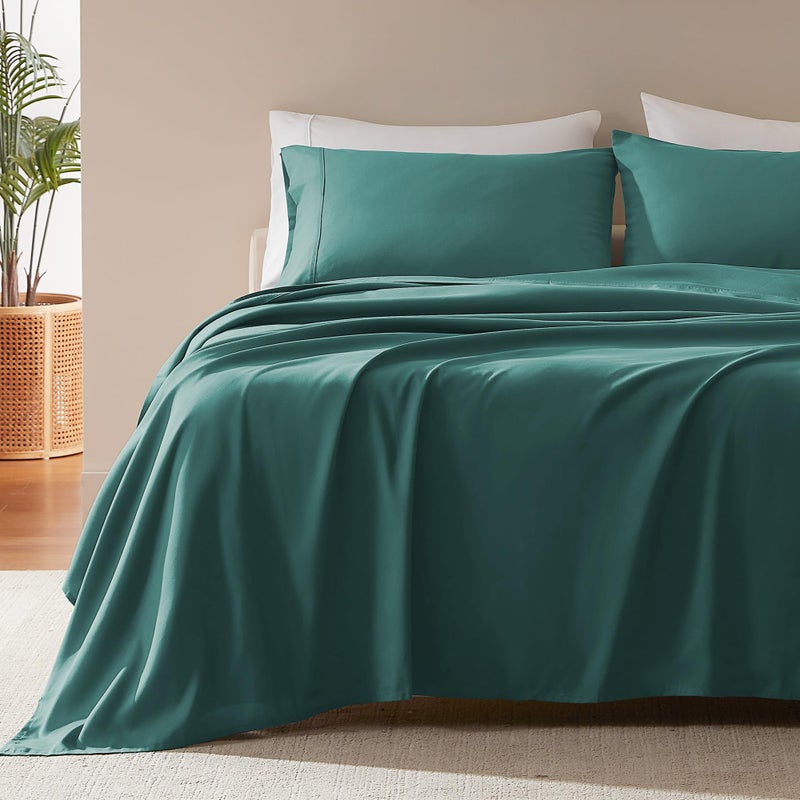 SLEEP ZONE Nanotex Super Soft Cooling Queen Bed Sheets Set 4 Piece - Easy Care Fitted Flat Sheet & Pillowcase Sets - Wrinkle Free, Fade Resistant, Deep Pocket 16"" (Teal, Queen) - Image 1